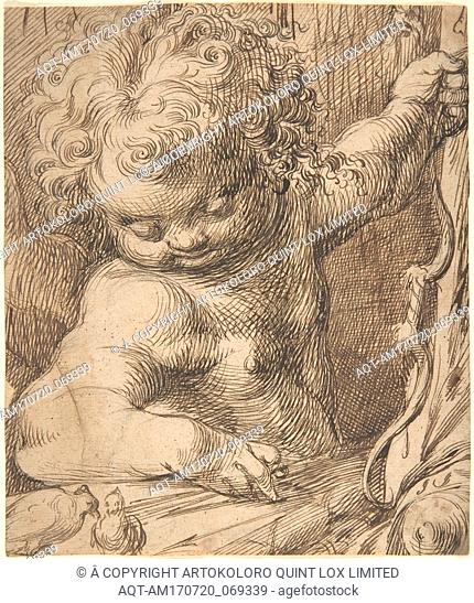 Cupid with Two Doves, Pen and brown ink, over black chalk underdrawing, 7 3/4 x 6 13/16 in. (19.7 x 17.3 cm), Drawings, Toussaint Dubreuil (French, Paris ca