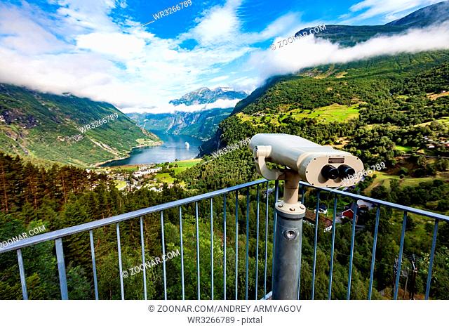 Geiranger fjord Lookout observation deck view point, Beautiful Nature Norway. It is a 15-kilometre (9.3 mi) long branch off of the Sunnylvsfjorden
