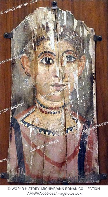 Panel featuring a portrait of a woman. Panels like this one were placed over the mummy's face inside the bandaging. From the late 2nd-3rd century