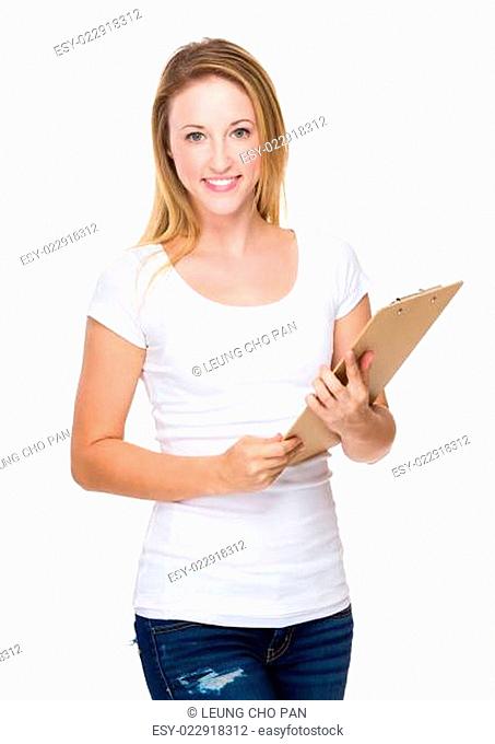 Woman with brown clipboard