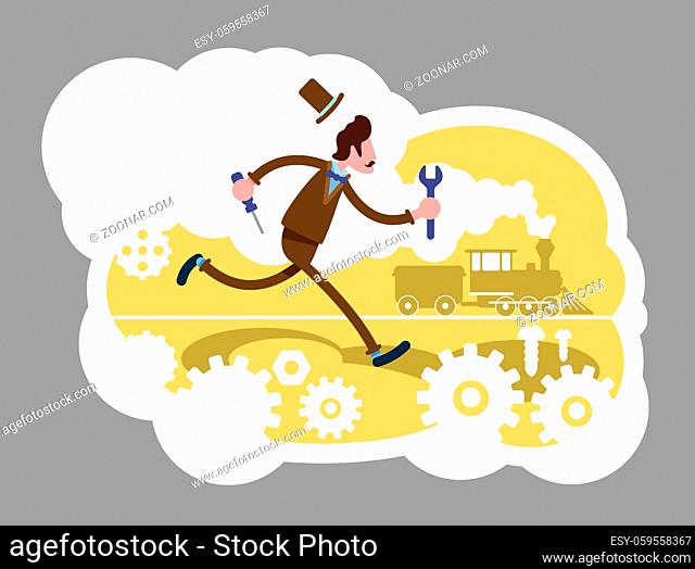 Mechanizer 2D vector web banner, poster. Technician with wrench and cog. Industrial mechanic flat characters on cartoon background