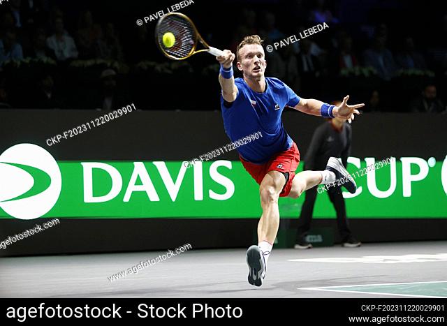 Czech tennis player Jiri Lehecka in action in the final group match of the men's Davis Cup 2023 World Tennis Championship against Australia, in Malaga, Spain