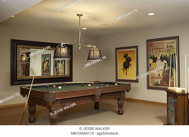 Poolrooms, billiard-table, blanket-lamps, wall-mirrors, pictures, billiard-area, billiard-hall, card table, balls, Queues, Billardqueues, wall, mirrors, symbol