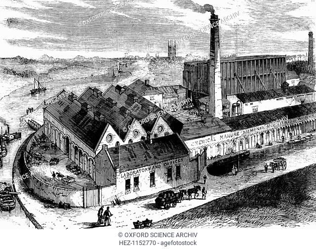 Webb's chemical factory, Diglis, Worcestershire, c1860. The tall building to the right behind the chimney contains lead chambers for the production of Sulphuric...