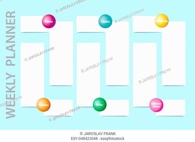 Weekly planner with blank label for daily tasks and blank white labels for each day of the week designed by different color are ready for your text