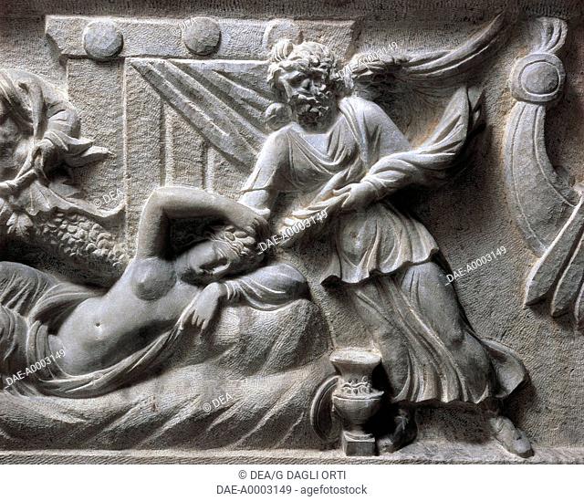 Roman civilization. Marble sarcophagus with relief depicting the life of Ariadne at Naxos. From Alexandria. Detail: Ariadne asleep, protected by Hypnos