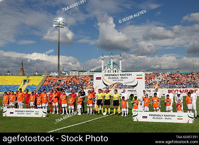 RUSSIA, KAZAN - JULY 14, 2023: Players line up ahead of an international friendly football match between Russia and Iran at Tsentralny [Central] Stadium