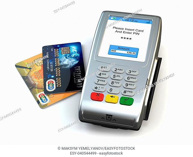 POS terminal with credit cards isolated on white background. 3d illustration