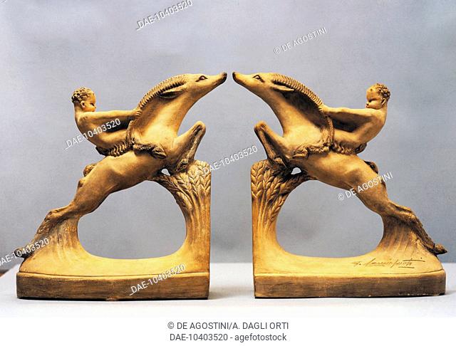 Art Deco bookends, hand-finished patinated terracotta, Italy, 20th century.  Private Collection