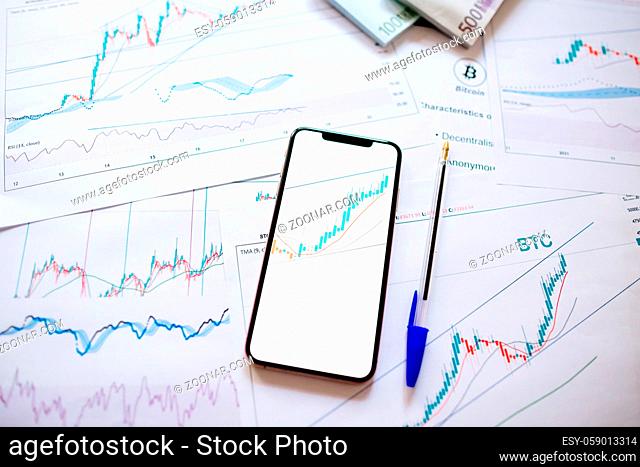 investment stockbroker price trend and profit. Stock market trader analyzing bitcoin price trend. Investment broker trading bitcoin crypto currency using phone...