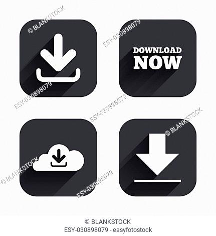 Download now icon. Upload from cloud symbols. Receive data from a remote storage signs. Square flat buttons with long shadow