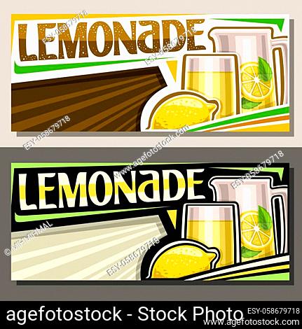 Vector banners Lemonade with copyspace, horizontal layouts with illustration of whole fruit and lemon drink with mint leaves in pitcher