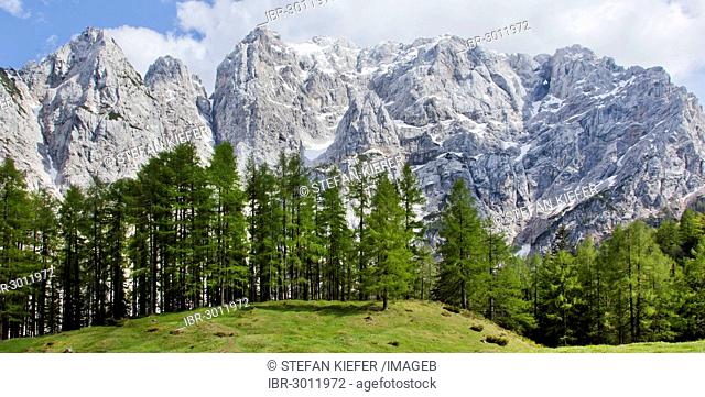 Mountain landscape near the Vrsic Pass with the 2547m high Prisojnik Mountain, Triglav National Park, Julian Alps, near Bovec, Slovenia, Europe