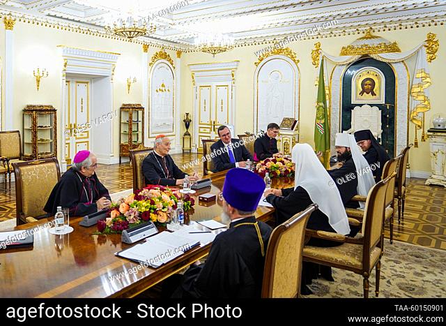 RUSSIA, MOSCOW - JUNE 29, 2023: Patriarch Kirill of Moscow and all Russia (2nd L front row) and the Pope's envoy, Cardinal Matteo Maria Zuppi