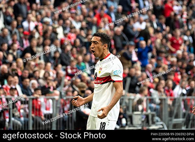 08 May 2022, Bavaria, Munich: Soccer: Bundesliga, Bayern Munich - VfB Stuttgart, Matchday 33, Allianz Arena. Tiago Tomas of Stuttgart celebrates his goal to...