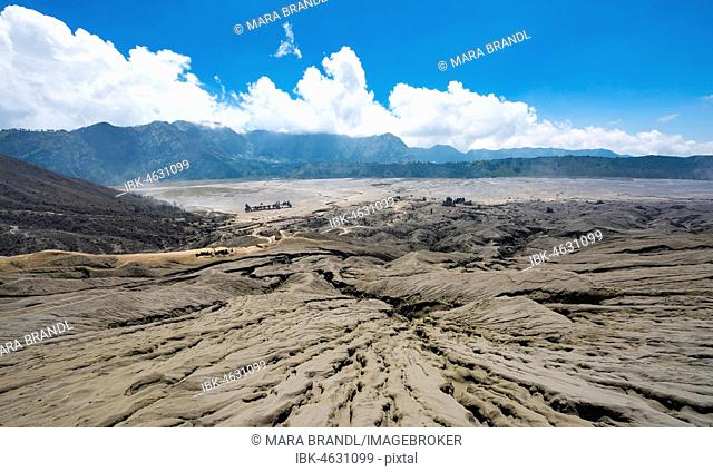 Volcanic landscape, view from the crater rim of volcano Volcano Gunung Bromo into the caldera Tengger, National Park Bromo-Tengger-Semeru, Java, Indonesia