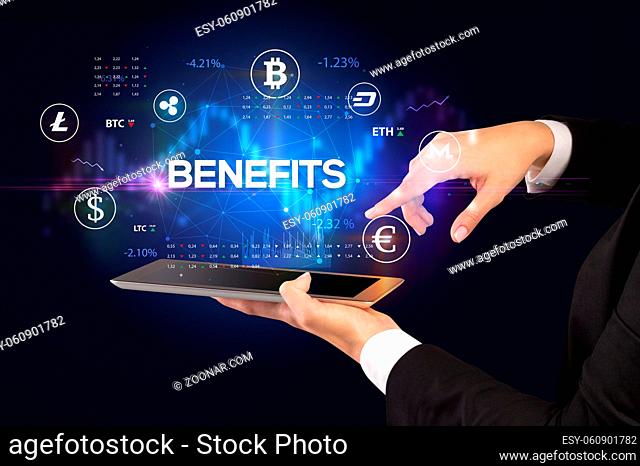 Close-up of a touchscreen with BENEFITS inscription, business opportunity concept
