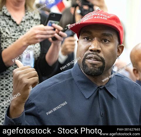 Kanye West makes a statement to the media as he meets with United States President Donald J. Trump and Jim Brown in the Oval Office of the White House in...