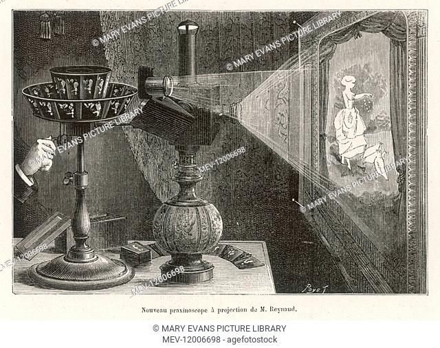 Reynaud's praxinoscope adapted for projection onto a screen : later he would adapt it for projection in a large hall