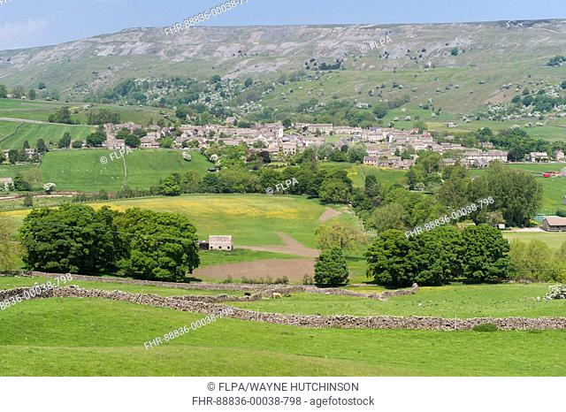 Market town of Reeth in early summer, looking from Harkerside, Swaledale in the Yorkshire Dales National Park