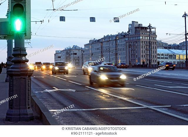 Traffic across a bridge in central Moscow, Russia, Europe
