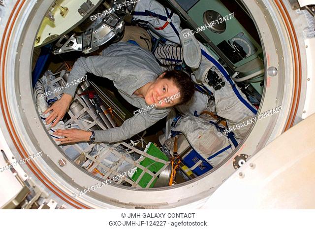 NASA astronaut Tracy Caldwell Dyson, Expedition 24 flight engineer, makes final preparations for her departure in the Soyuz TMA-18 docked to the Poisk...