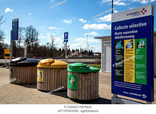 RECYCLING BINS FOR GARBAGE AT A MOTORWAY REST STOP NEAR ORLEANS (45) LOIRET, CENTRE, FRANCE