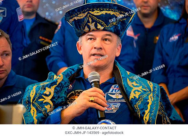 Expedition 48 NASA astronaut Jeff Williams is seen at a welcome ceremony and press conference at the Karaganda Airport in Kazakhstan after he and Russian...
