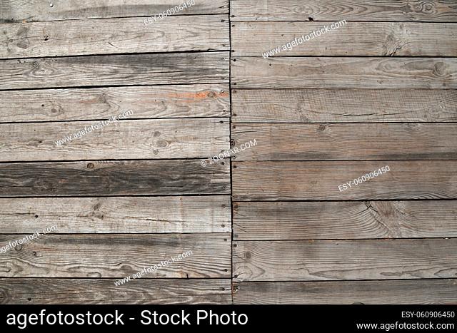 Close up background texture of old vintage rustic weathered wooden panel with horizontal planks