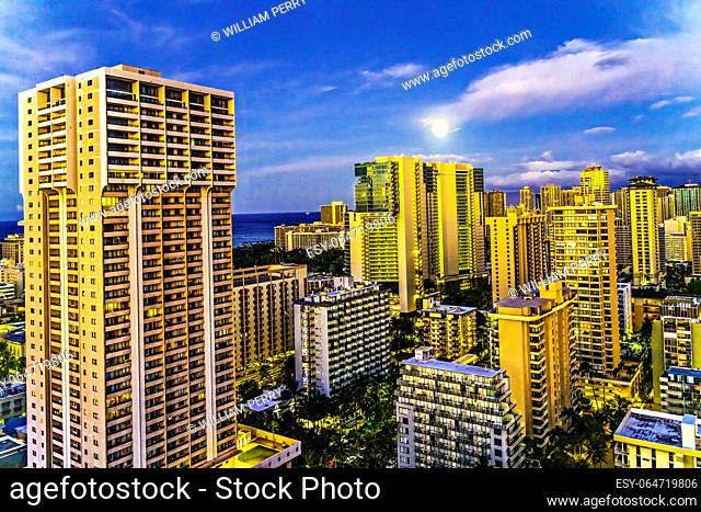 Colorful Early Morning Moon Buildings Waikiki Hotels Apartment Buildings Honolulu Oahu Hawaii