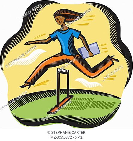 Businesswoman leaping over a hurdle