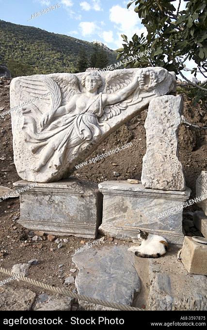 A stone carving of the Goddess Nike at the ruins of the Ancient Roman city of Ephesus, Turkey