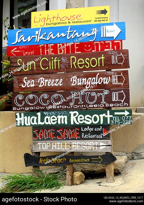 Resort bungalow and chalet signs in Hat Rin village Ko Pha Ngan island Thailand