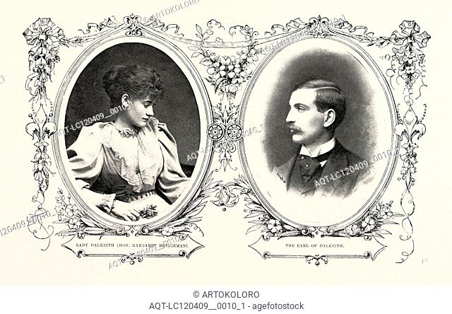 MARRIAGE OF LORD DALKEITH, HEIR TO THE DUKE OF BUCCLEUCH: LADY DALKEITH (HON. MARGARET BRIDGEMAN) AND THE EARL OF DALKEITH, 1893 engraving