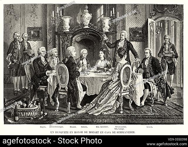 Banquet in honor Mozart (1756-1791). Haydn (1732-1809), Albrechtsberger (1736-1809), Salieri (1750-1825), Mrs. Cavalieri, Schikaneder, Mrs
