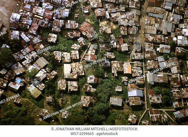 HOLLYWOOD, PANAMA CITY, PANAMA - 1996 - Aerial view of the Hollywood shanty town slums - where thousands of the poor lived in wooden huts with corrugated iron...