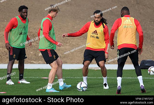 Belgium's Charles De Ketelaere and Belgium's Jason Denayer fight for the ball during a training session of the Belgian National Team, the Red Devils