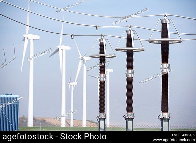 Windmills and electrical substation, Zaragoza province, Aragon, Spain