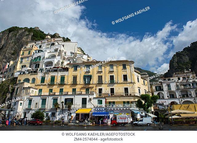 The town of Amalfi is built into a steep hillside in the province of Salerno in the Campania region of southwest Italy, located on the Amalfi Coast