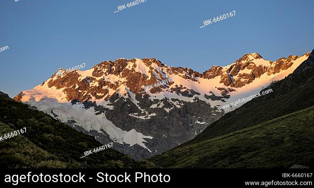 Summit ridge of Mount Sefton and The Footstool at sunrise, alpenglow, Mount Cook National Park, Canterbury Region, South Island, New Zealand, Oceania