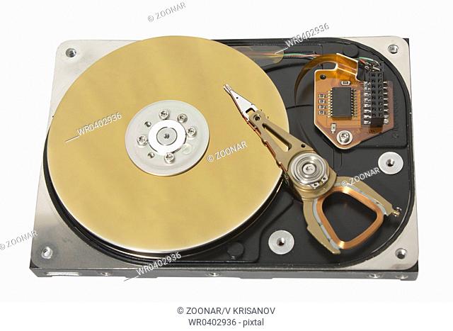 Opened computer hard drive isolated on white