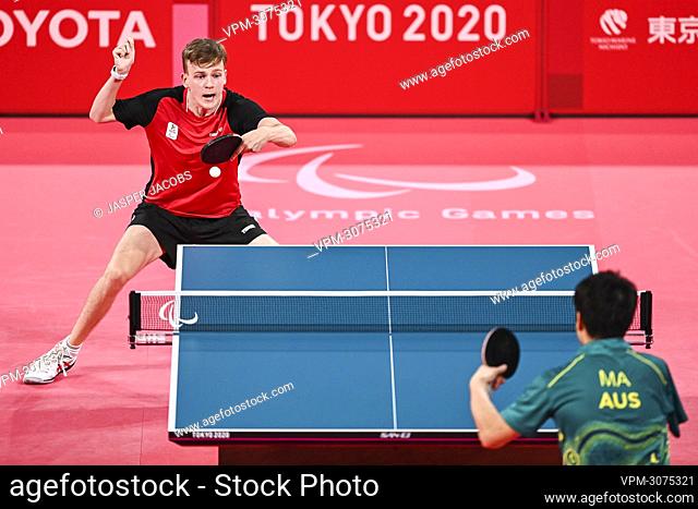 Belgian table tennis player Laurens Devos and Australian Lin Ma pictured in action during a table tennis game between Belgian Laurens Devos and Australian Lin...