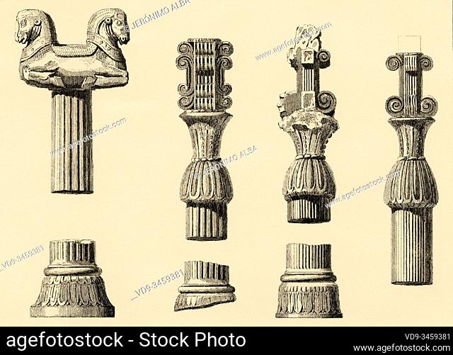 Detail of different architectural elements. Persepolis ceremonial capital of Achaemenid Empire. Fars Province. Iran. Old steel engraved antique print