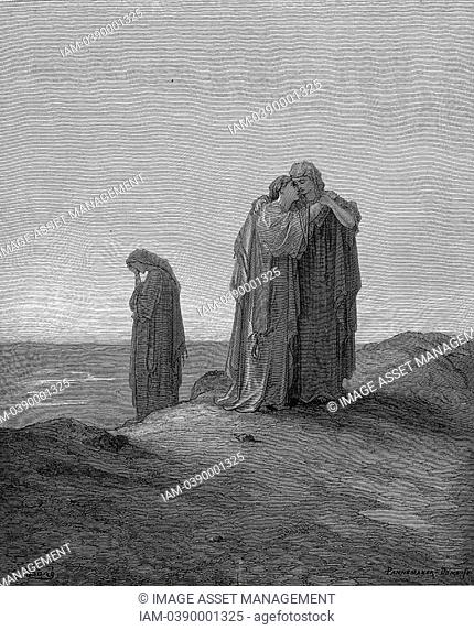 Ruth embracing her mother-in-law Naomi and promising to stay with her now they are bereaved  Ruth 1 14  From Gustave Dore's illustrated 'Bible' 1866  Wood...