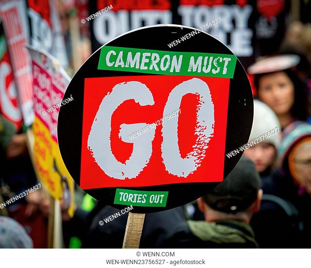 Thousands join the ""Cameron Must Go, People's Assembly march. Anti-austerity groups unite to demand an end to government cuts