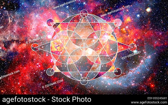 Abstract cosmos geometric background with polygons, triangles, stars and nebula. Polygonal cloudscape backdrop. Elements of this image furnished by NASA