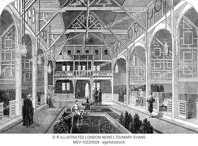 Engraving showing the 'Meshlakh', or cooling room, of the Turkish Baths in Jermyn Street, London, 1862