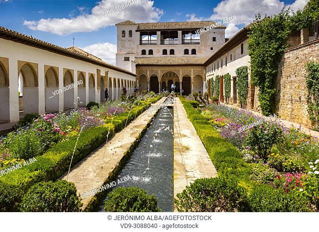 Patio de la Acequia, Generalife Palace gardens. Alhambra, UNESCO World Heritage Site. Granada City. Andalusia, Southern Spain Europe