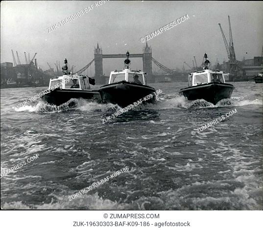 Mar. 03, 1963 - New Fibre Glass Police Launches - On The Thames. A demonstration was held on the Thames at Wapping this morning of the first three of the twenty...
