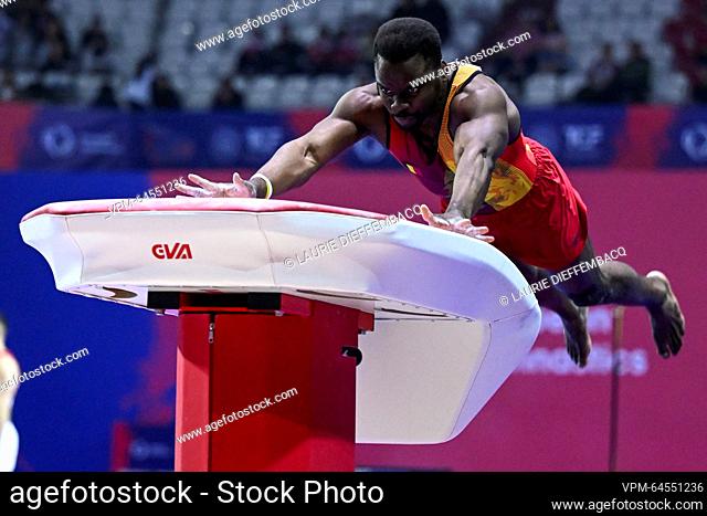 Belgian Noah Kuavita pictured in action during the sixth and last rotation, the vault, at the men team qualifications, in the second subdivision